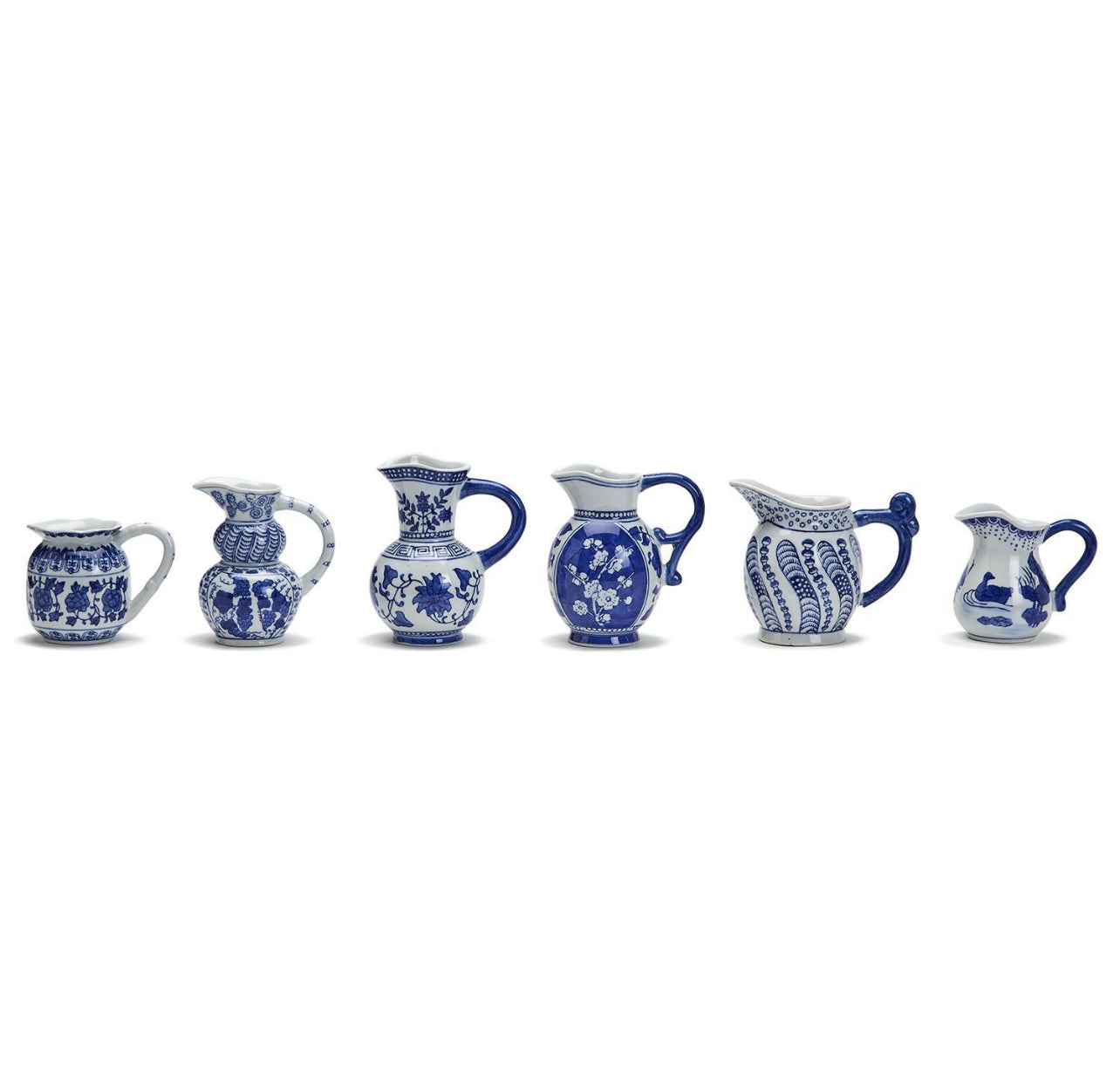 Six Canton Small Pitchers, assorted sizes, with blue and white floral, kitchen, or Canton motifs. Sizes: small to medium.