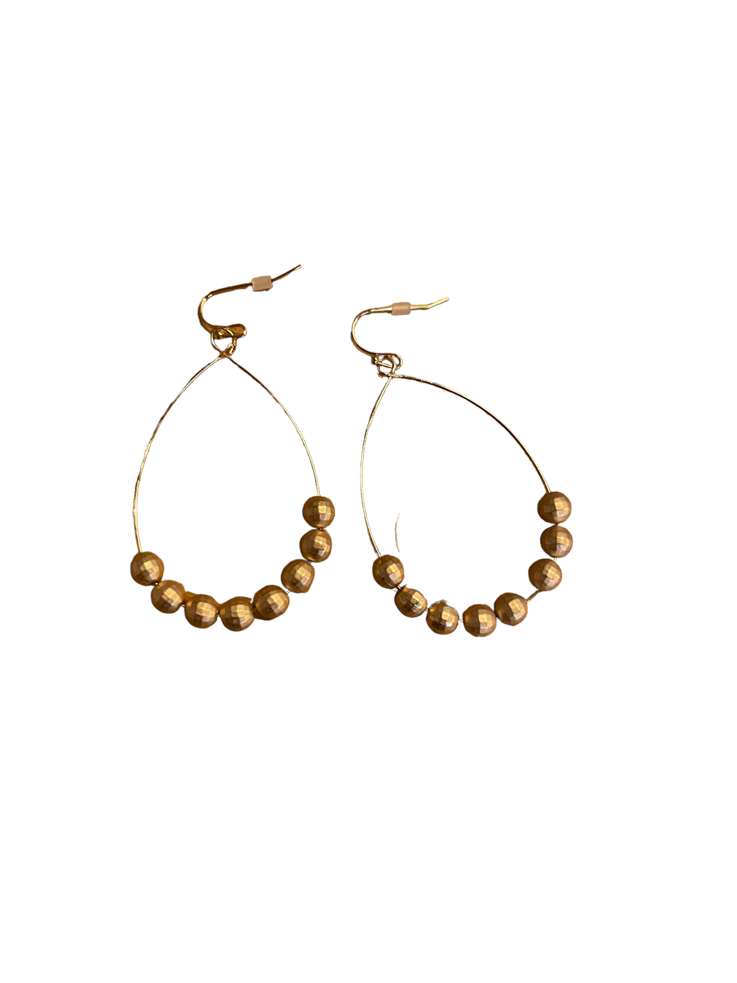 Teardrop gold hoop earrings with six round gold beads. Available in small, medium, and large sizes.