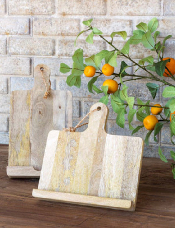 Horizontal cookbook holder with handles and rope loops. Available in small, medium, and large sizes.