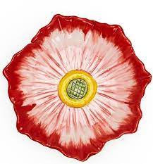 Hand-painted trinket tray shaped like a red and white flower with yellow-green center. Sizes available. Holds trinkets or jewelry.