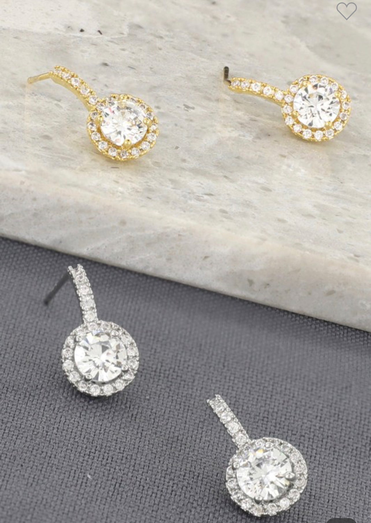 Gold dipped and silver CZ solitaire post earrings with round clear stones and halos. Available in multiple sizes.