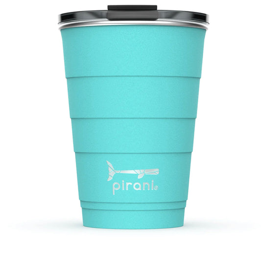 Turquoise Pirani insulated tumbler, 16 oz, triple insulation, silver rim, black lid, logo on front. Available in 16 oz.
