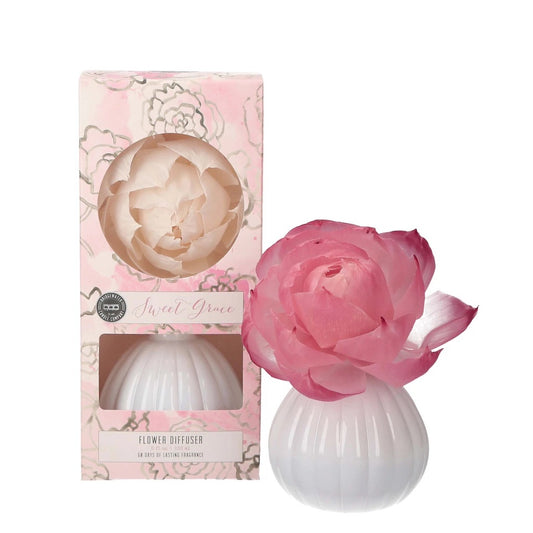 The Sweet Grace Flower Diffuser BW171125 is a uniquely designed product featuring a pale pink rose bloom diffuser affixed atop a white ribbed spherical vase. The diffuser exudes fragrance when soaked with the provided scent oil. The item comes in an aesthetically pleasing pink box decorated with floral patterns, which showcases the diffuser. No size variations are available for this product, it comes in one standard size.