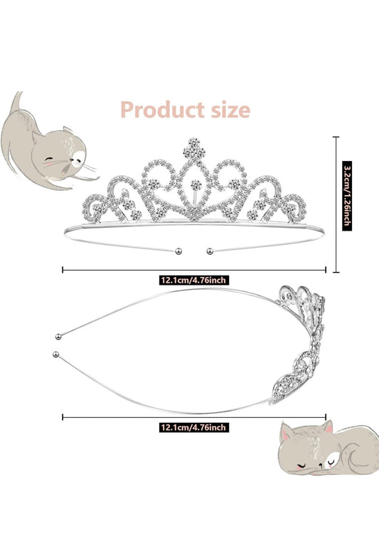 Children’s Rhinestone Crown, 12.1 cm wide x 3.2 cm tall, illustrated cat corners. Text: “Product size.”.