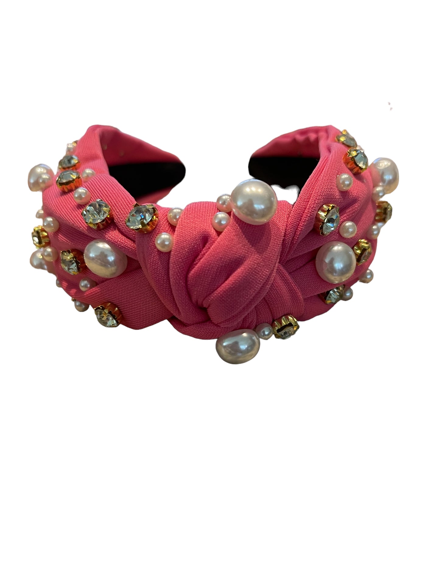 Top Knot Fabric Head Band with twisted knot, simulated pearls, gold-toned rhinestones; available in S, M, L.