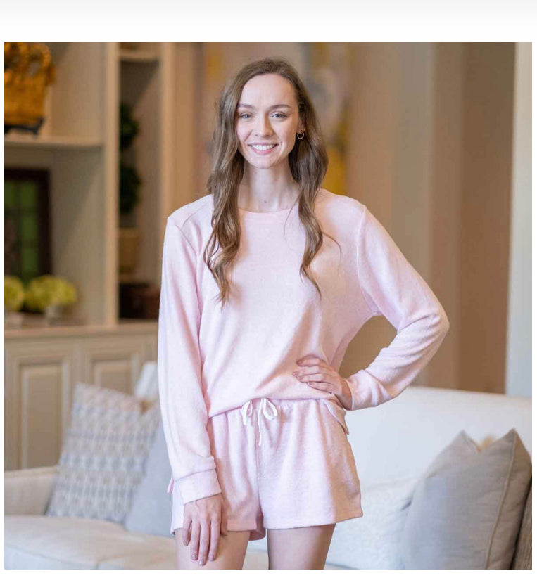 Light Pink Brushed Hacci High Low Pullover, soft fabric, relaxed fit; available in sizes XS-3X.