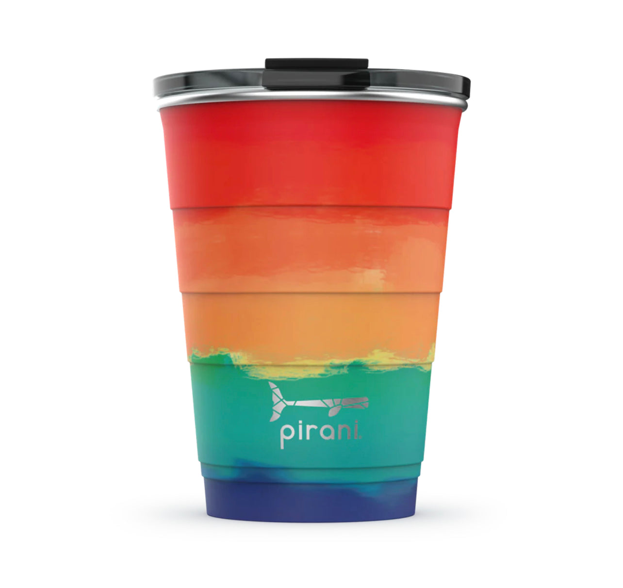 Reusable 16 oz triple-insulated tumbler, stainless steel lid, rainbow stripes, "pirani" and marlin logo.