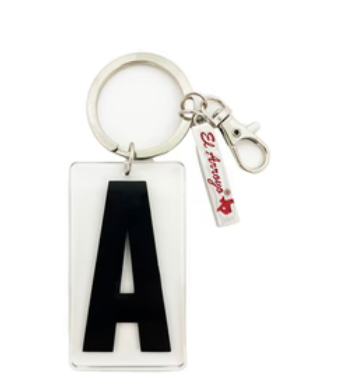Keychain with large black "A" on white, silver ring, metal tag reading "El Arroyo" and red Texas silhouette. Sizes: standard only.