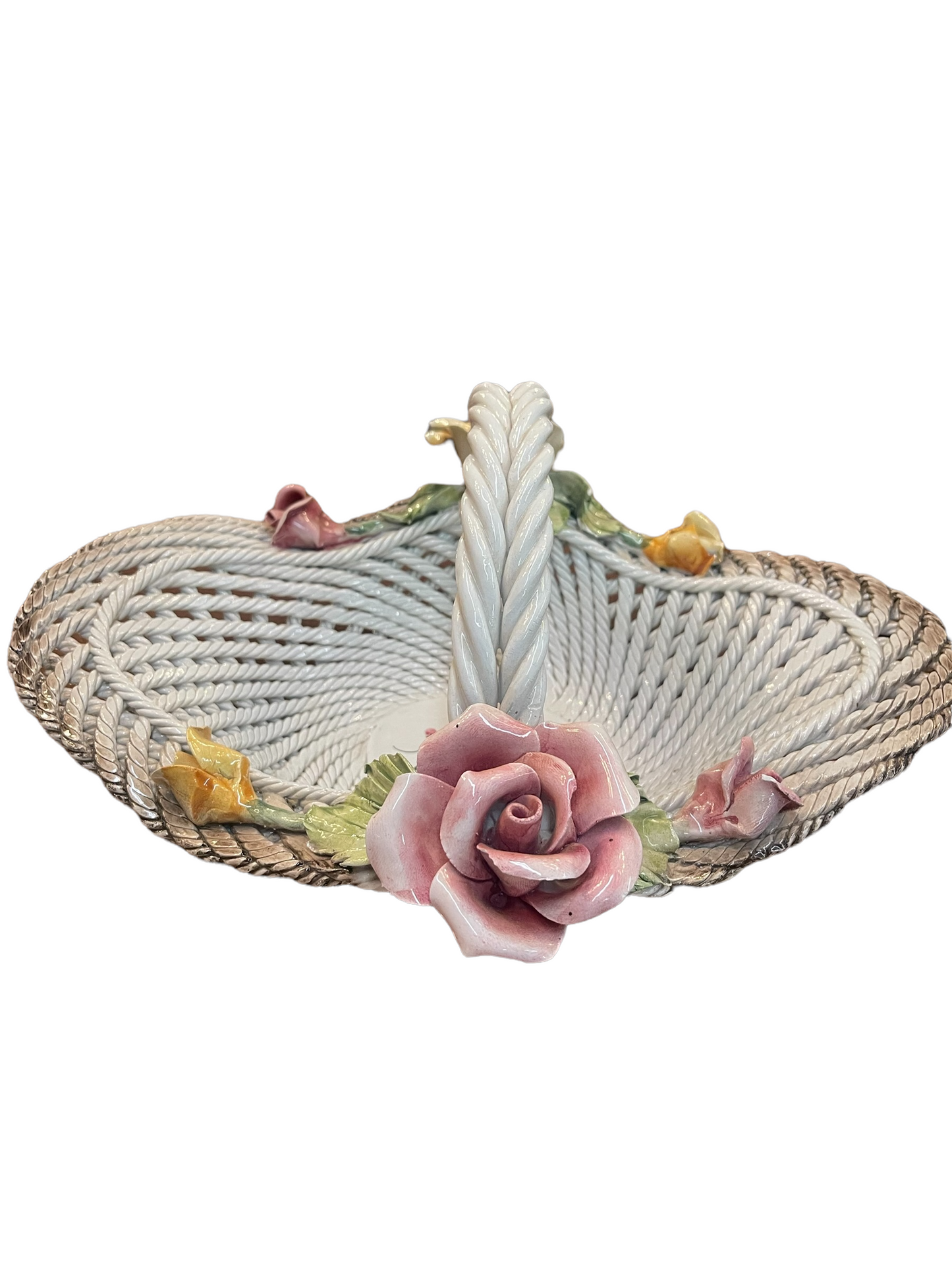 White Capodimonte porcelain basket with twisted handle, pink and yellow roses, green leaves. Available sizes: small, medium.