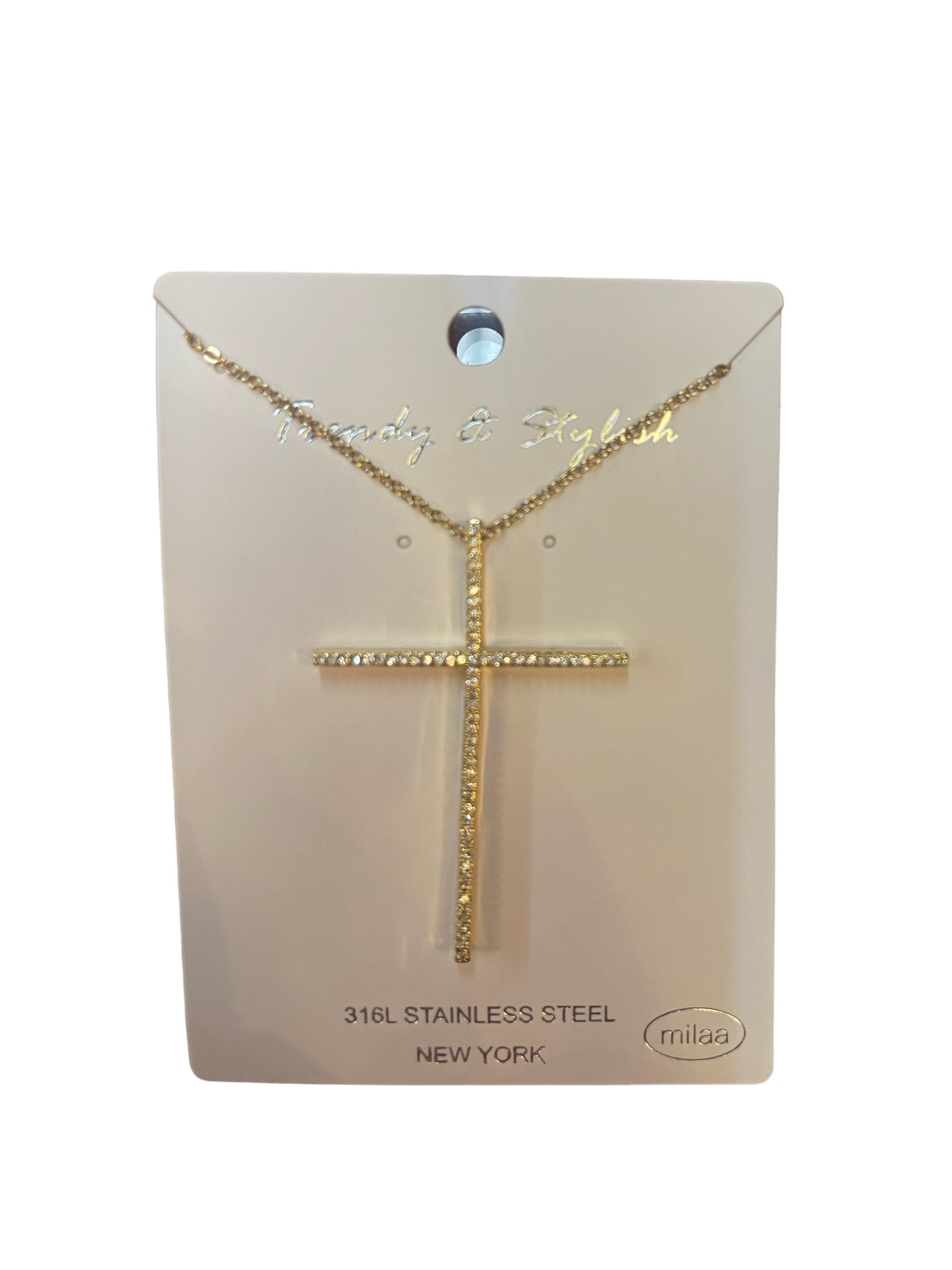 Gold-tone cross necklace with rhinestones, 316L stainless steel. Sizes available: Small, Medium, Large.