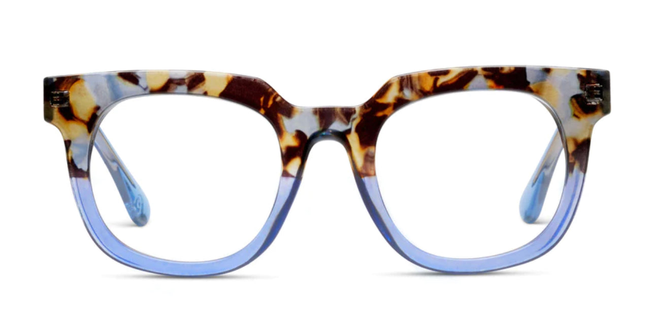 Oversized rectangular eyeglasses with brown/cream tortoise ombre top and blue crystal lower half. Available in S, M, L.