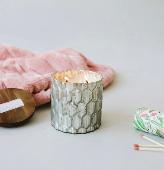 Lit Sweet Grace Collection Candle #035, silver textured finish, available in 8oz and 19oz sizes.