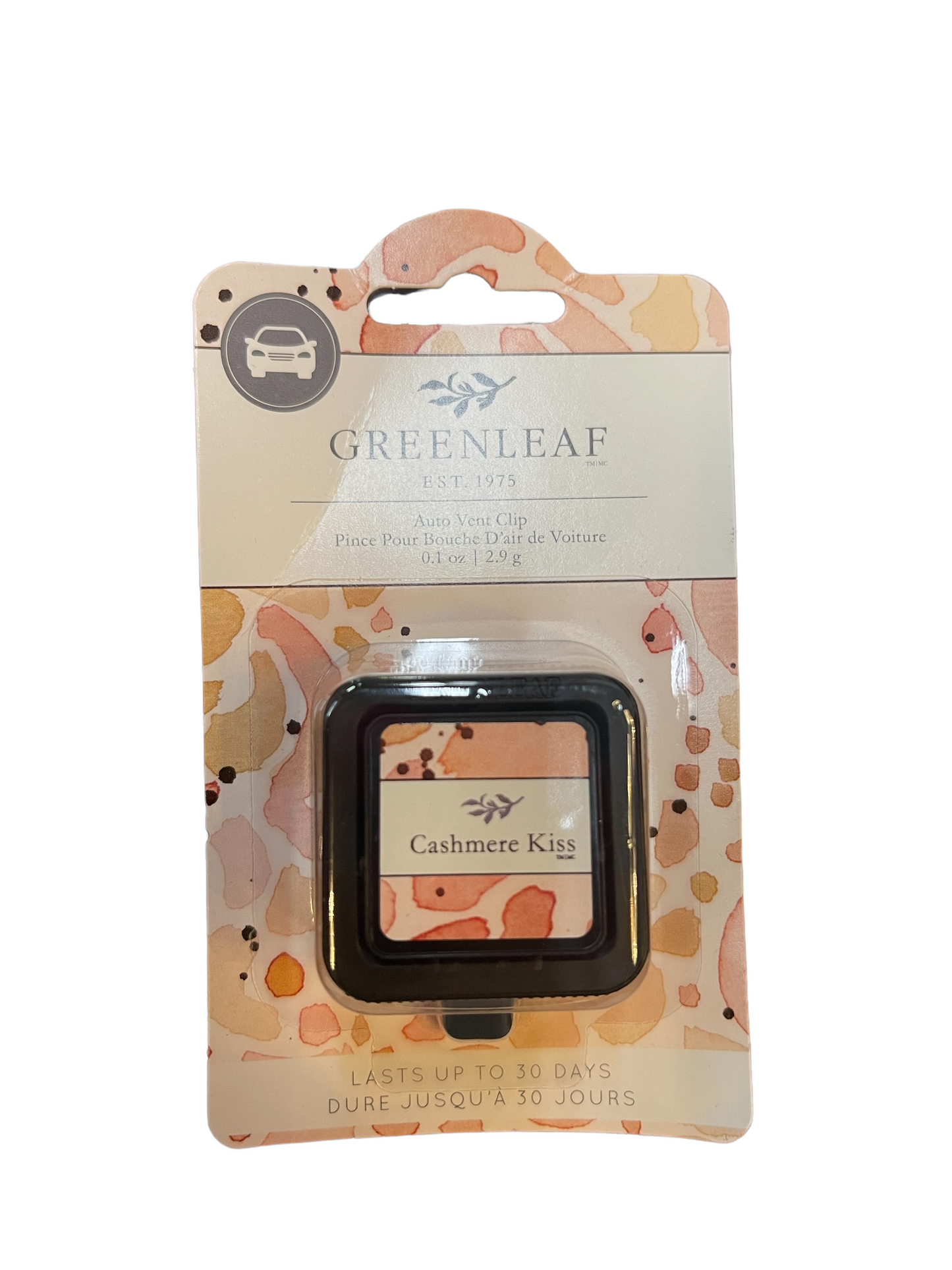 Cashmere Kiss Auto Vent Clip air freshener, pink-orange packaging, floral scent, lasts 30 days. Sizes: 0.1 oz, 0.2 oz.