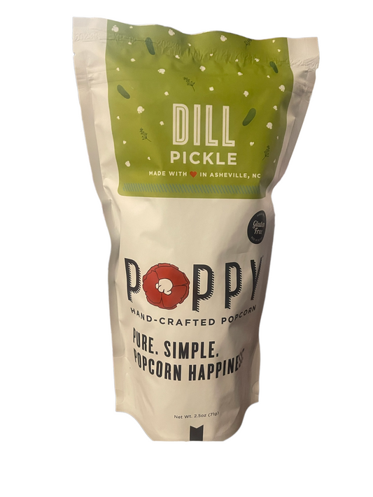 an illustration of a pickle on the front. The popcorn is small-batch, gluten-free, and gourmet with tangy dill-pickle flavoring. Each package contains four ounces of product. Available in single packs or cases of 25.