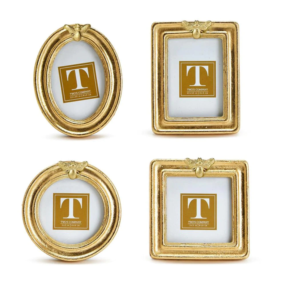 Set of radiant gold photo frames with antique-inspired design, available in sizes 4x6, 5x7, and 8x10 inches.