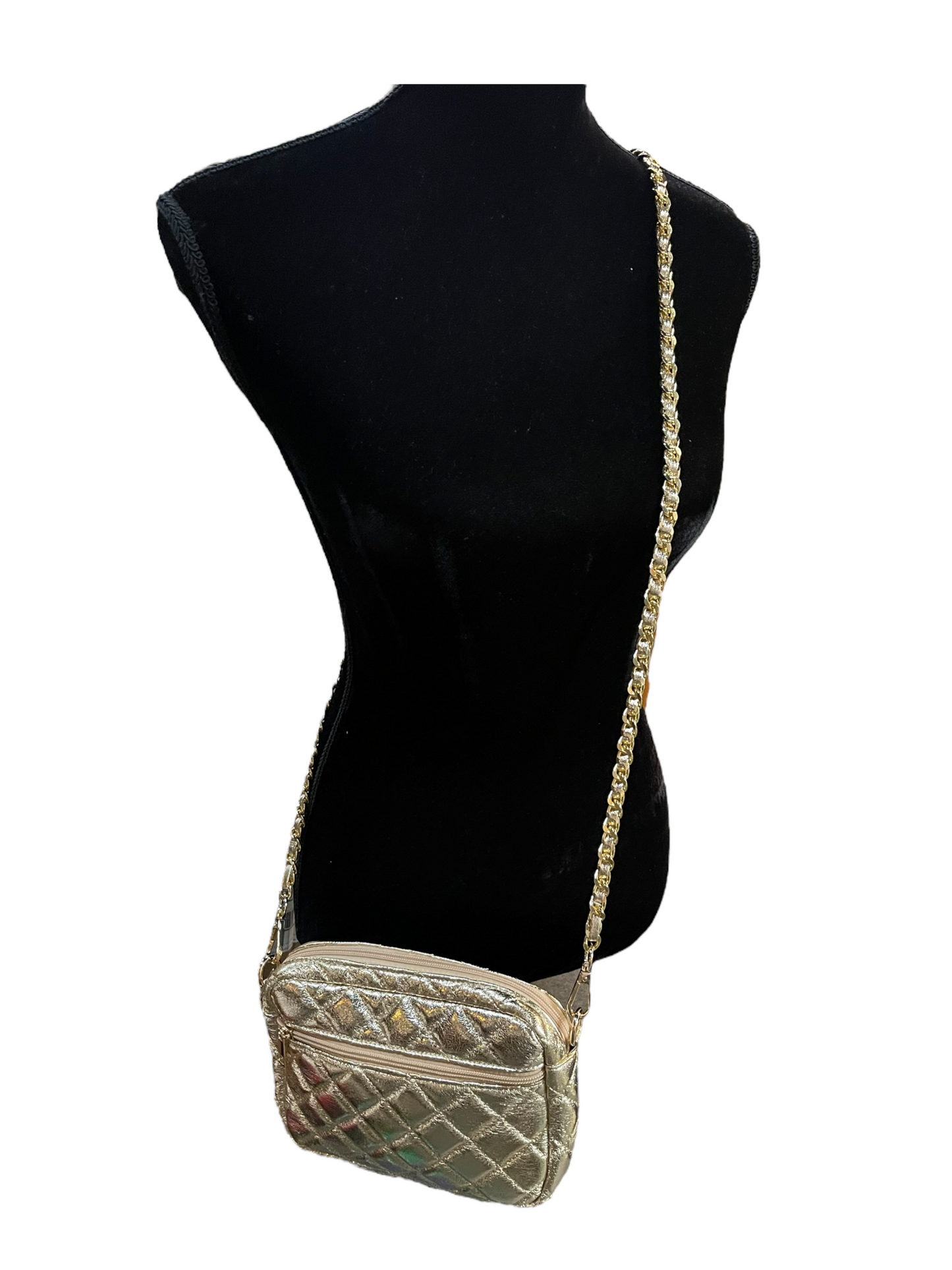 Gold metallic quilted crossbody bag with gold chain strap and convertible design. Available in small, medium, and large sizes.