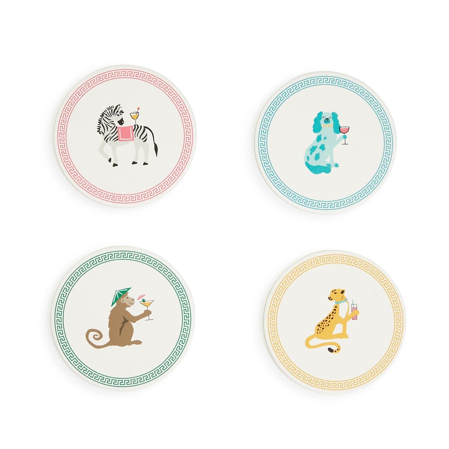 Set of four eco-friendly paper coasters with Greek key border and animal illustrations. Size info not specified.