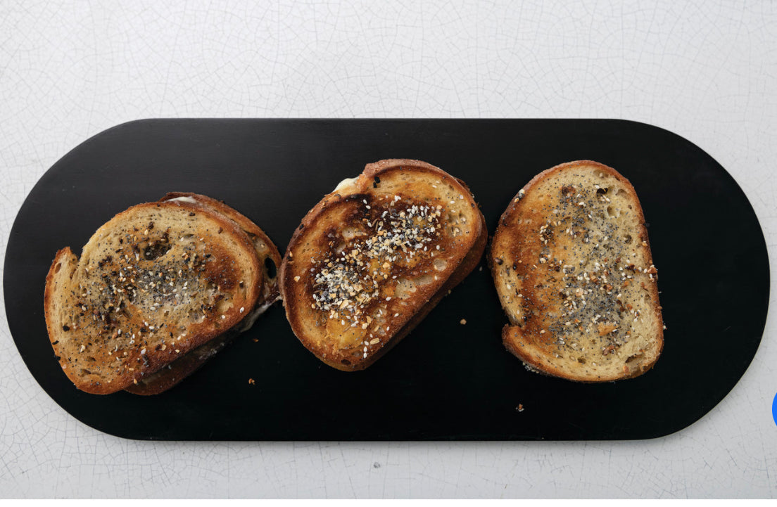 Three slices of toasted bread with Everything Bagel Blend. Available in small, medium, and large sizes.
