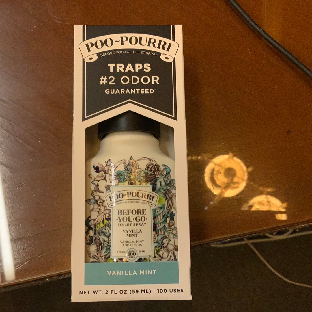 Boxed 2oz Poo-Pourri Vanilla Mint toilet spray with “Traps #2 Odor Guaranteed” and “Before-You-Go Toilet Spray.”.