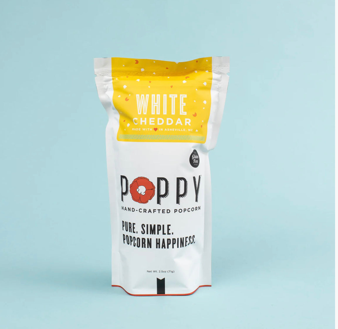 White Cheddar Market Bag Popcorn, gluten-free, white bag with yellow top and bold lettering. Available in 6oz and 12oz sizes.