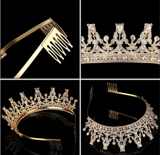Gold/Silver Queen Crown with sparkling gems shown in four views: comb detail, front, side, angled. Sizes: S/M/L/XL.