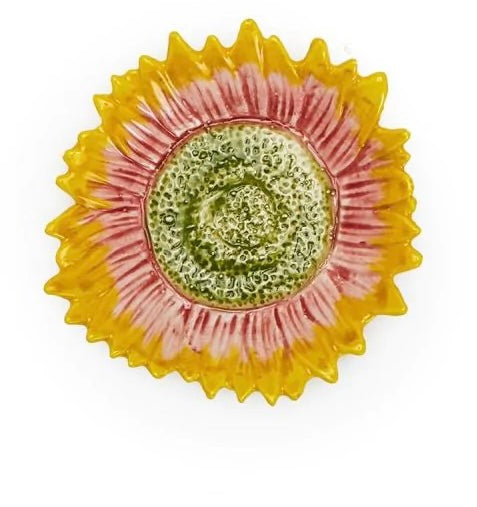 The In Full Bloom Hand-Painted Trinket Tray has yellow and pink petals with a textured green center. Sizes: small, medium, large.