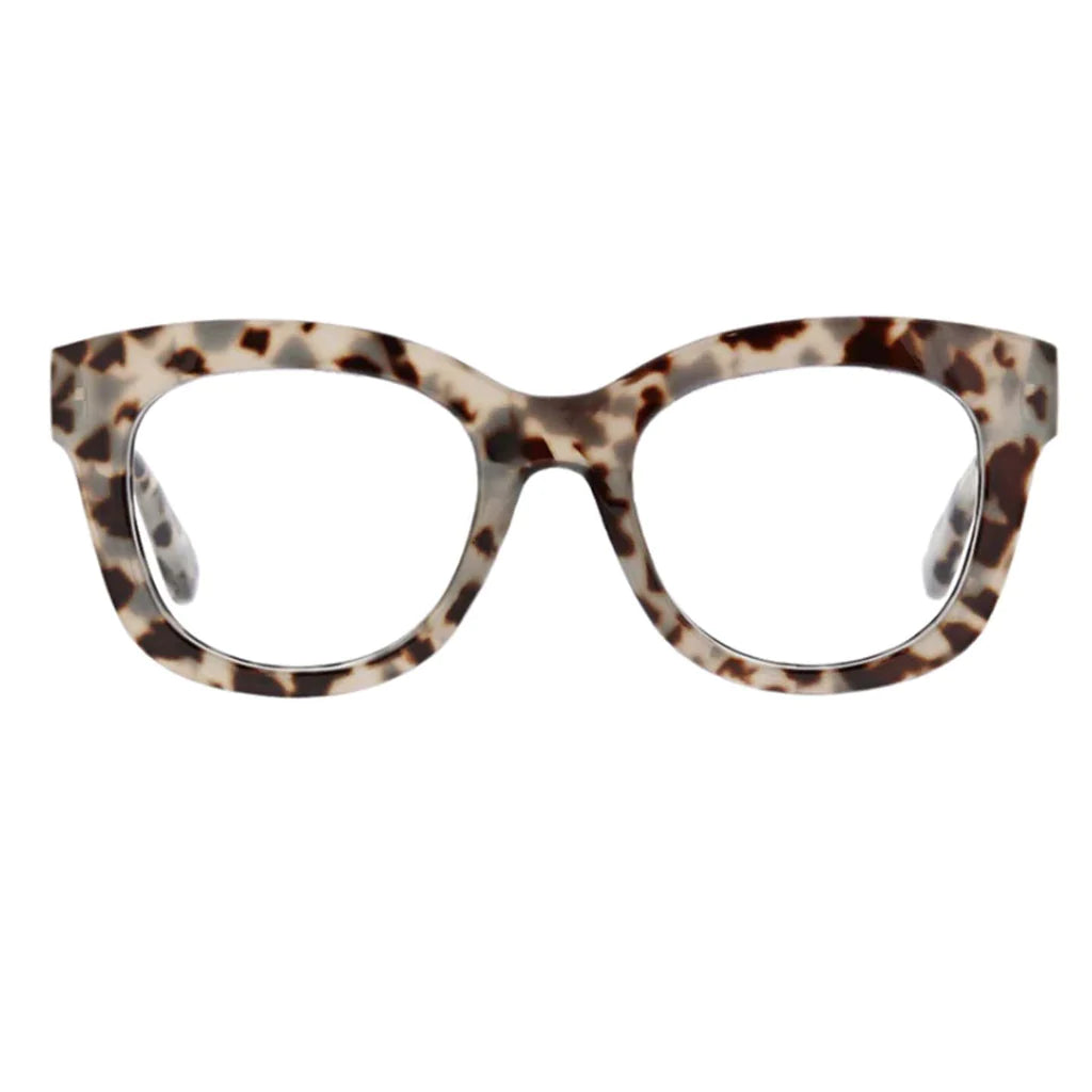 The Poppy - Gray Tortoise eyeglasses: bold cat-eye, mottled gray tortoiseshell, clear lenses. Sizes: small, medium, large.