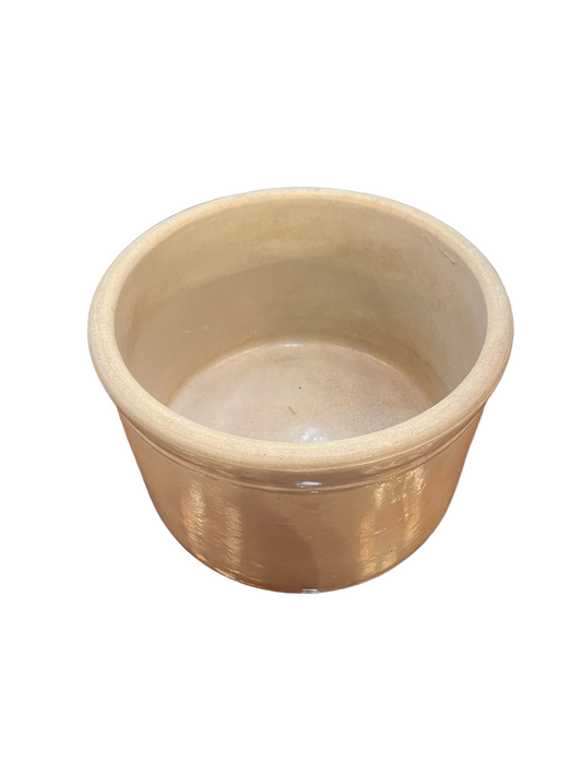 Smooth, glossy light brown stoneware crock with plain round shape. Available sizes: 1 qt, 2 qt, and 1 gal.