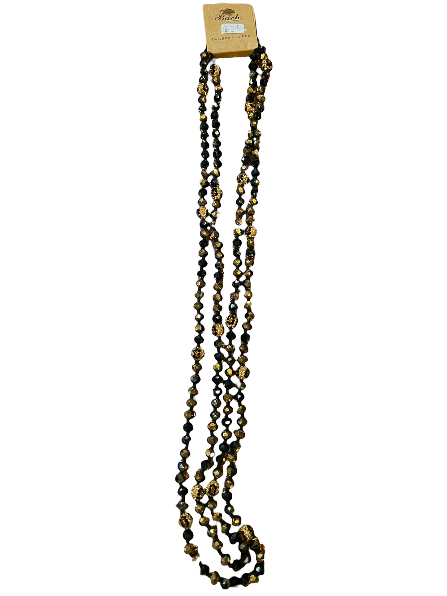 Long beaded necklace with alternating black and gold beads, price tag attached. Available sizes: 18", 24", and 30".