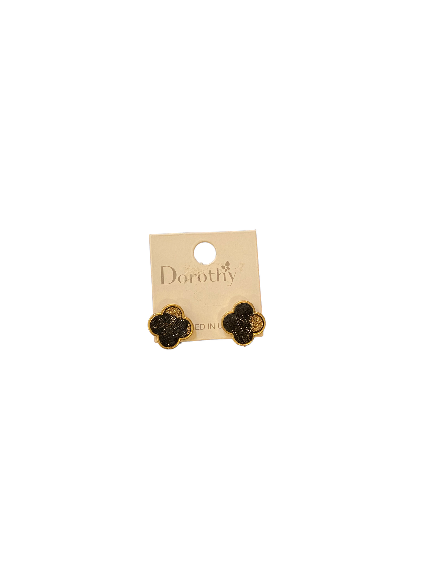 Cow Hide Earrings with black and gold clover design. Available sizes: small, medium, large.