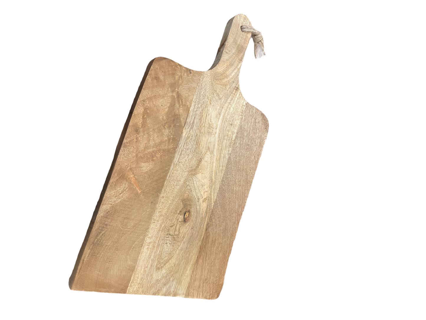 Rectangular wooden board with handle and looped rope, light brown grain. Available in small, medium, and large sizes.