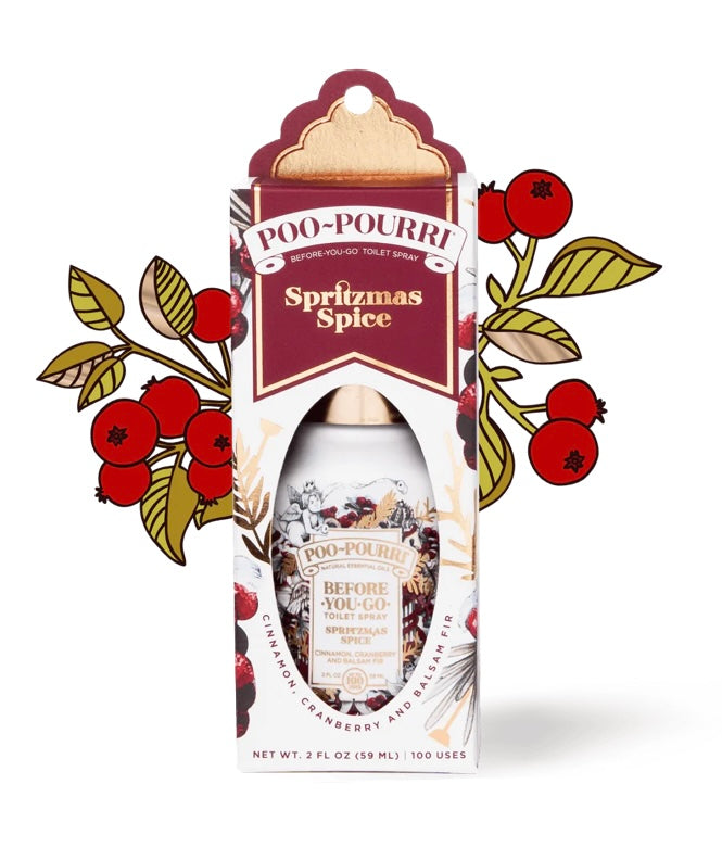 2oz Poo Spray - Spritzmas Spice in a Holiday 2022 box with cinnamon, cranberry, evergreen, red berry, and gold accents.