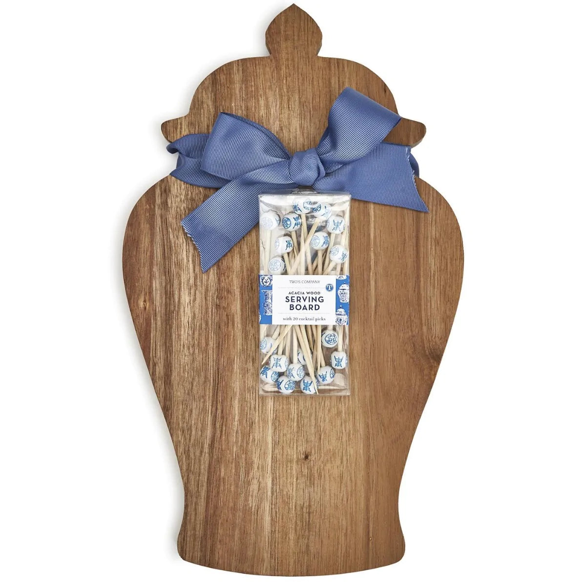 Acacia wood ginger jar-shaped board with blue bow, includes 20 cocktail picks. Size availability not specified.