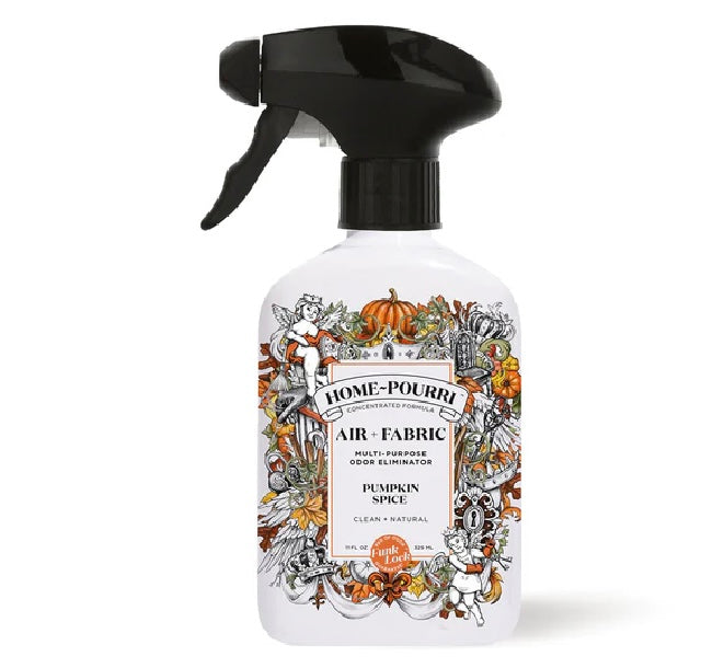 White 11oz bottle of Home~Pourri Air + Fabric odor eliminator, Pumpkin Spice scent, with pumpkins and leaves design.