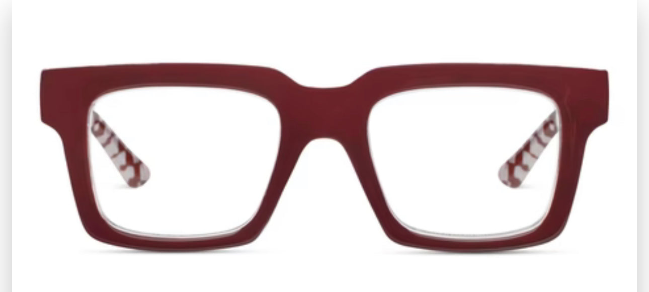 Louie Dark Red/Check eyeglasses: bold rectangular maroon frames, clear lenses, red and white xoxo inner temples. Sizes: S/M/L.