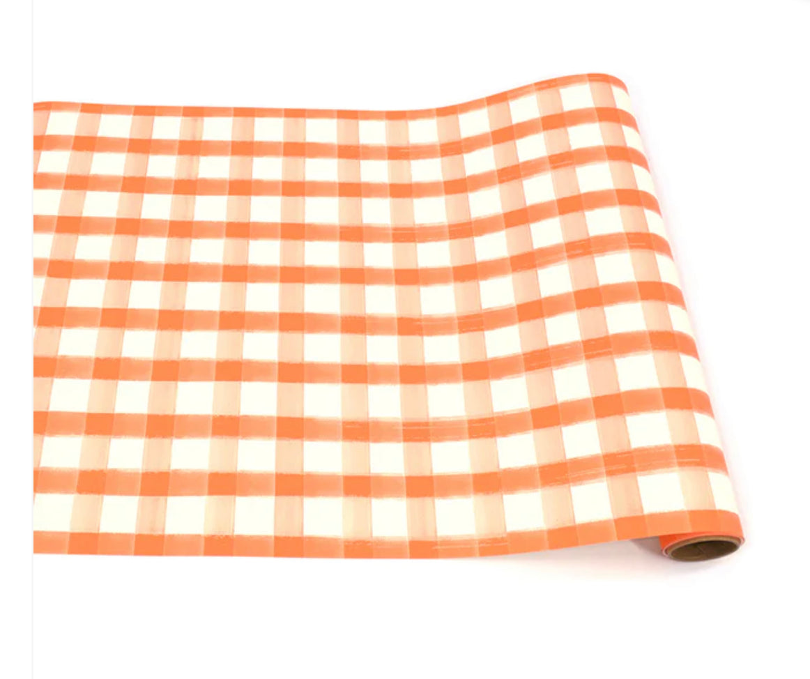 Orange Painted Check Runner KP484 with orange and white gingham check pattern. Available sizes: 14"x48", 14"x72", 14"x108".