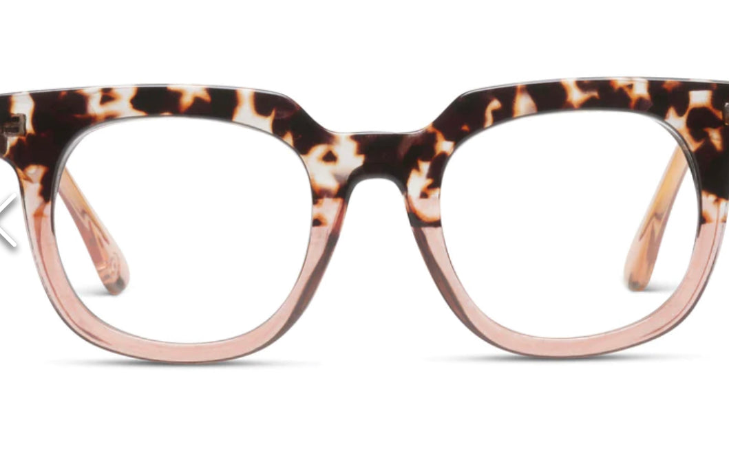 Oversized gray and cream tortoiseshell eyeglasses with light pink ombre accents. Available in multiple sizes.