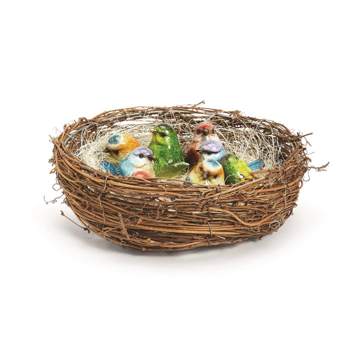 Round, woven nest with six colorful, realistic bird figurines on straw-like material. Sizes available: small, medium, large.