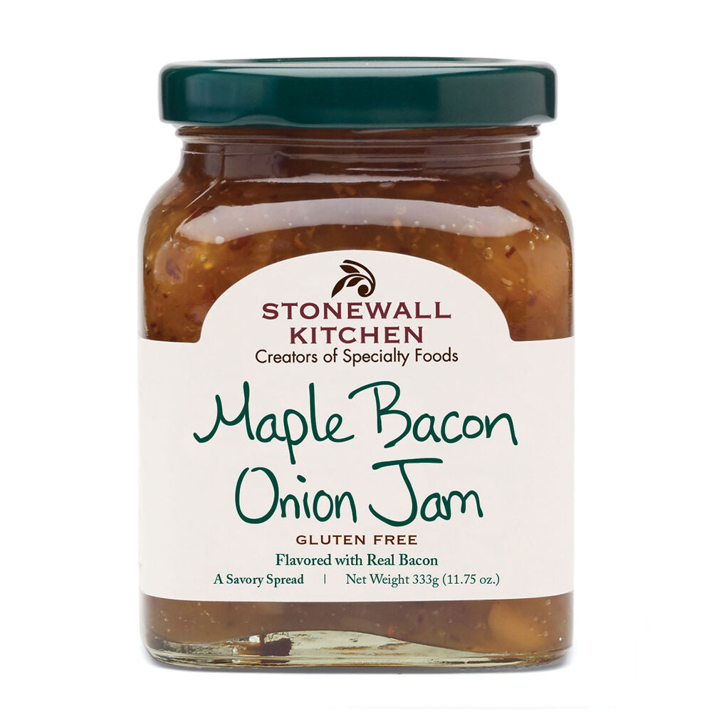 Maple Bacon Onion Jam, 11.75 oz jar, green lid, white label with green text. Only available in 11.75 oz size.