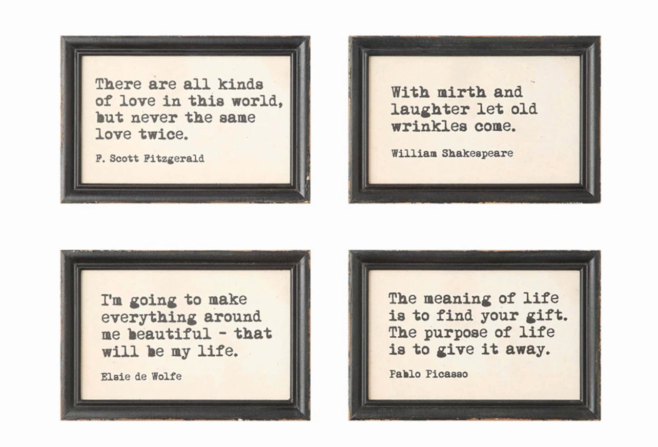 Wood Framed Wall Decor DA4347A with four quotes in black typewriter font on white; available in multiple sizes.