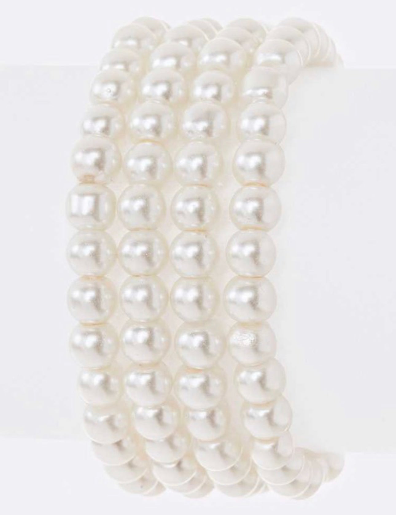 Four-strand pearl bracelet with 10mm beads; available sizes not specified. Classic, elegant design.