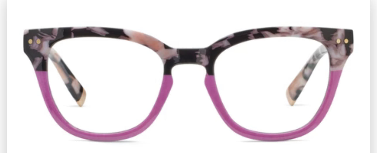 Eyeglasses with rounded rectangular black marble and pink frame, gold stud accents; available in multiple sizes.