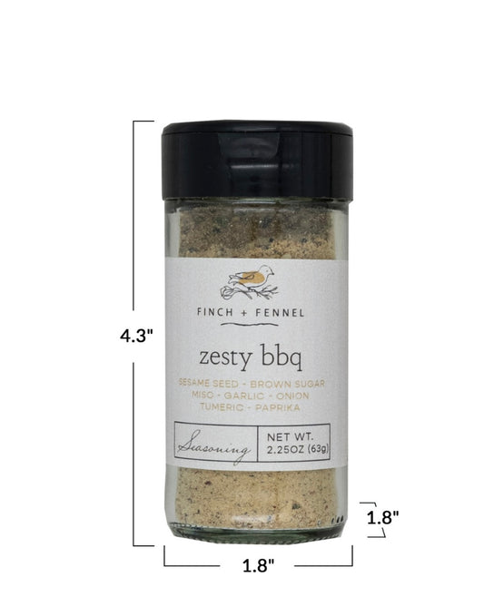 2.25 oz (63g) glass jar of Zesty BBQ Seasoning Blend with black lid and white label. Jar size: 4.3" x 1.8".