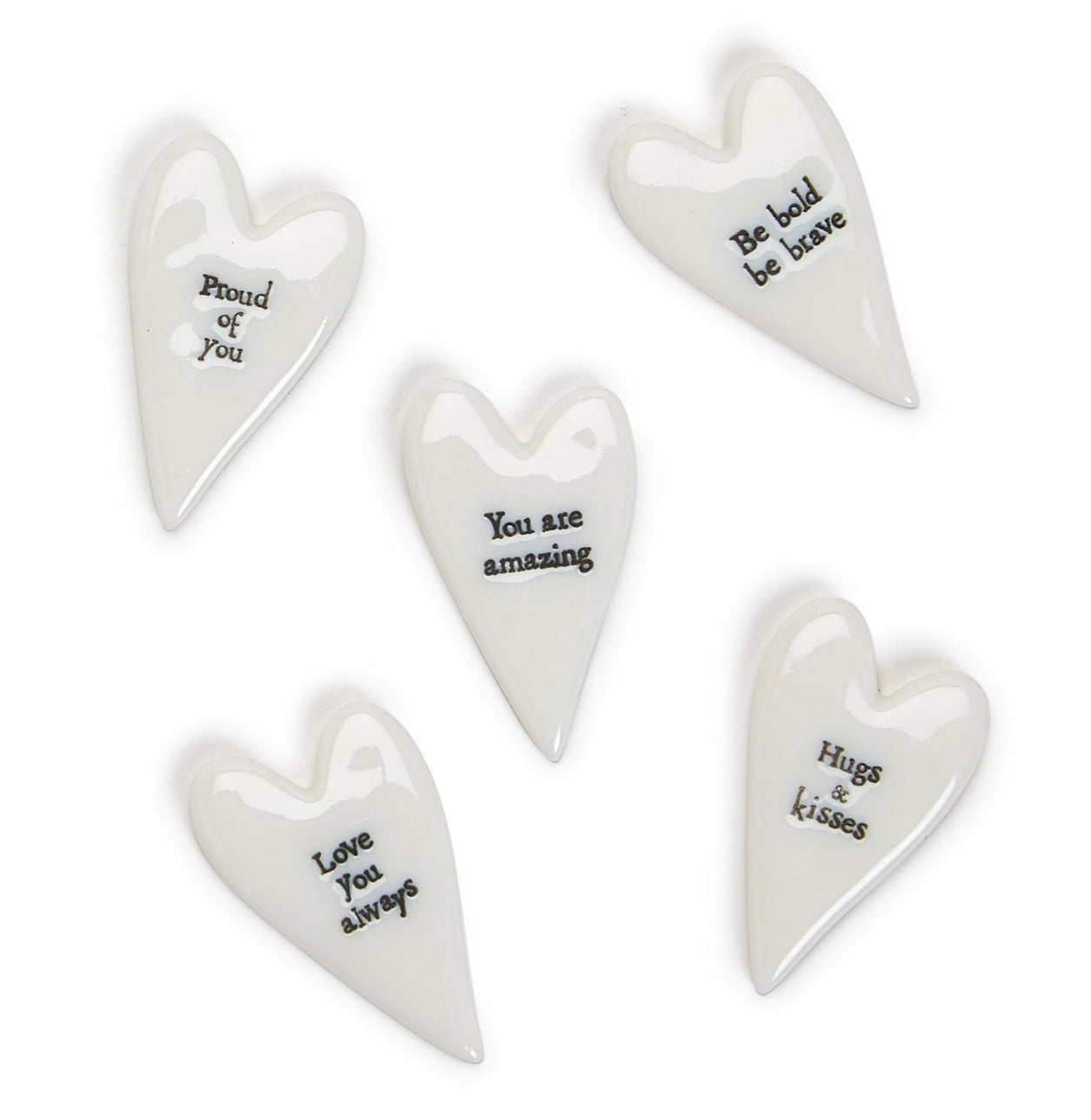 Set of five white Small Heart Pebbles, each with a unique uplifting phrase in black text. Available size: small.