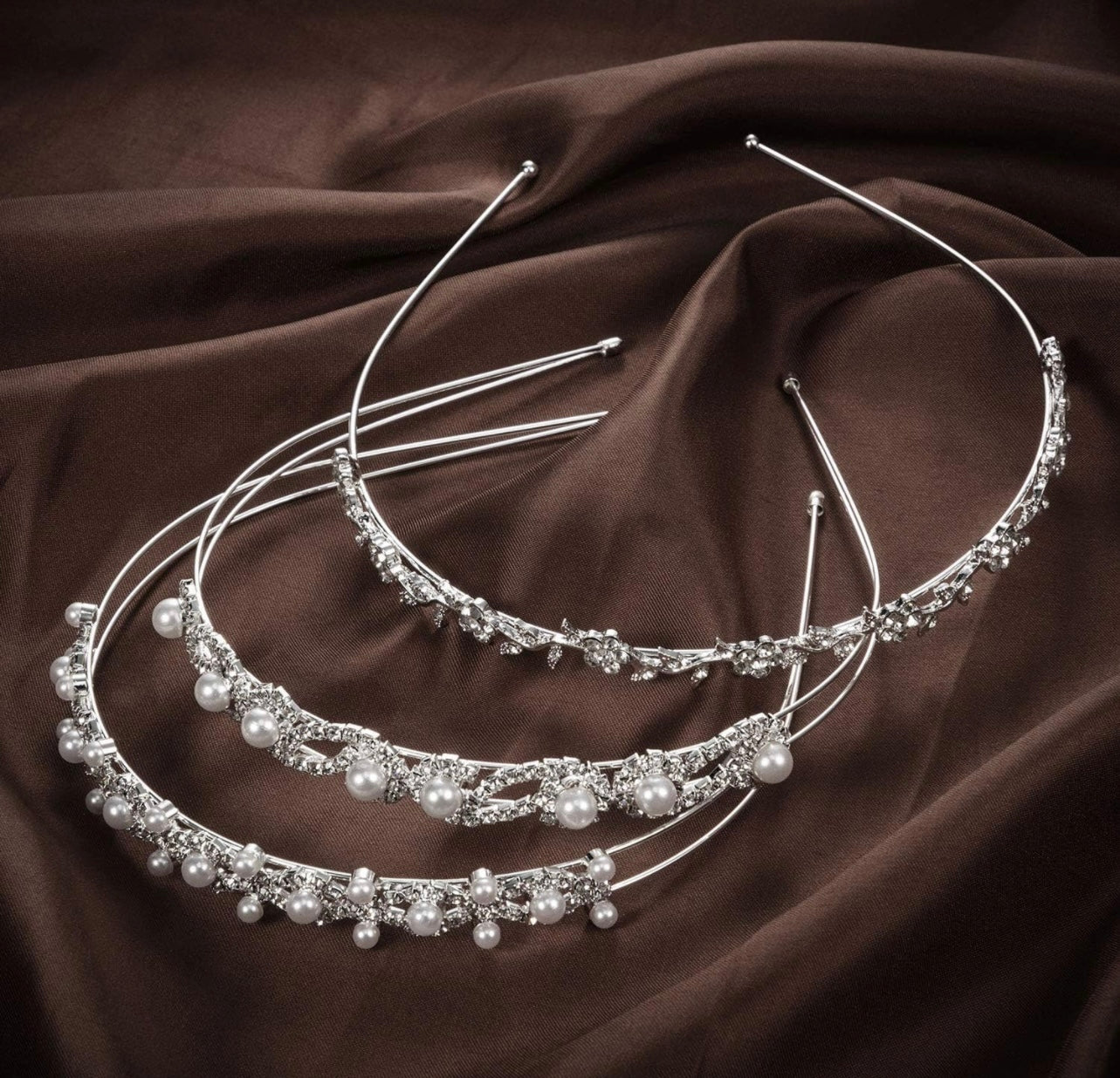 Three Crystal Flowers & Leaves Crown Headband, pearl and crystal embellished, available in S/M/L. Bridal/wedding accessory.