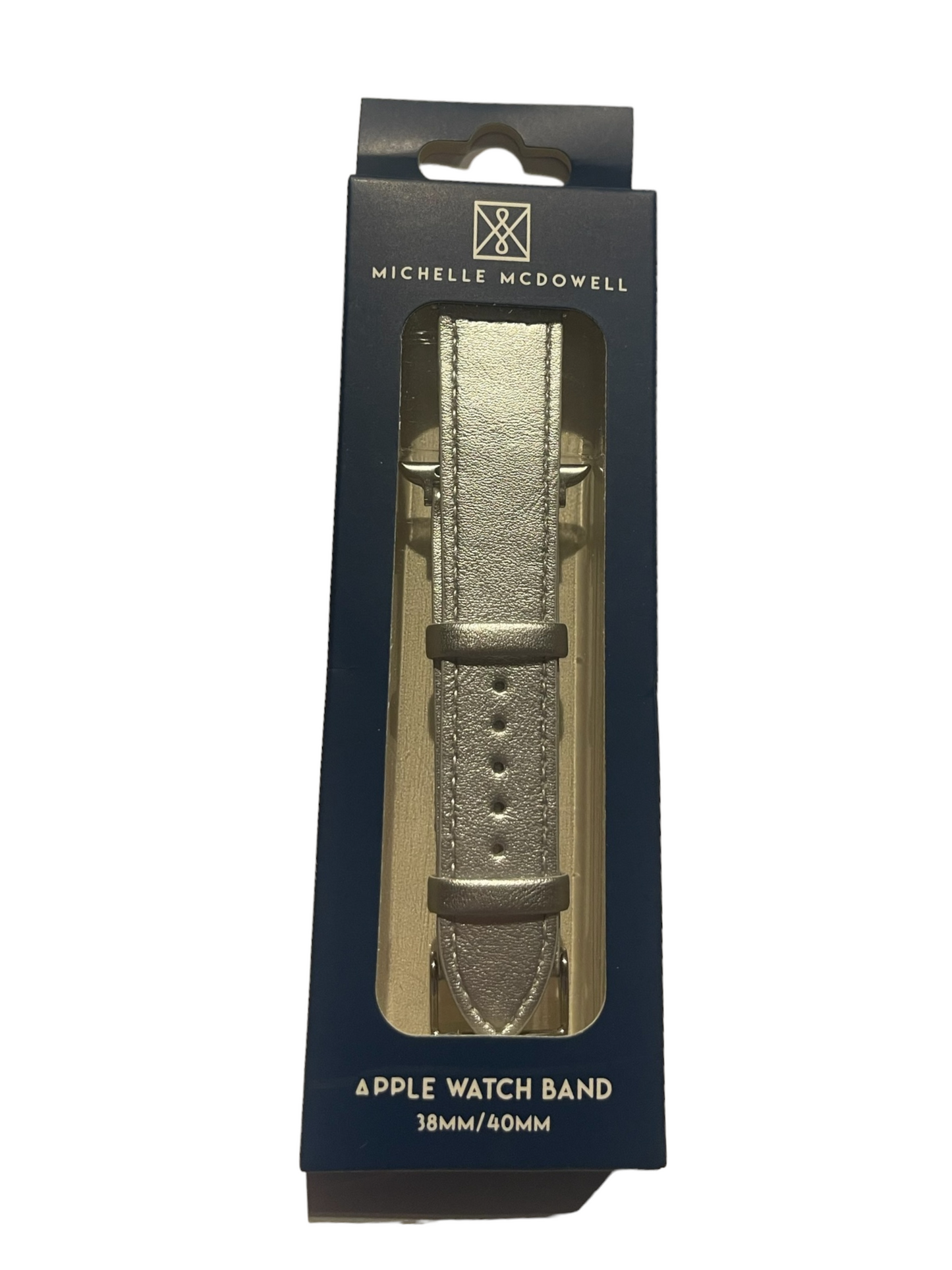 Silver Watch Band for Apple Watch, available in 38mm/40mm sizes, in navy blue box with clear window showing the band.