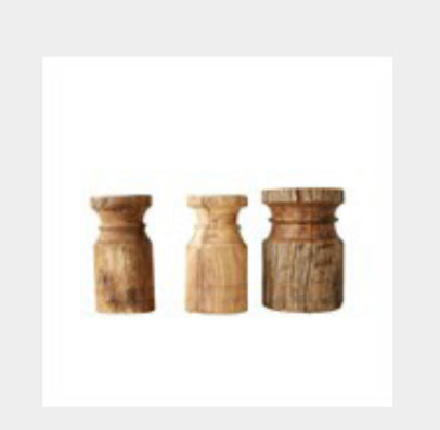 Set of three small reclaimed wood candle holders with carved details, each uniquely shaped; available in assorted sizes.