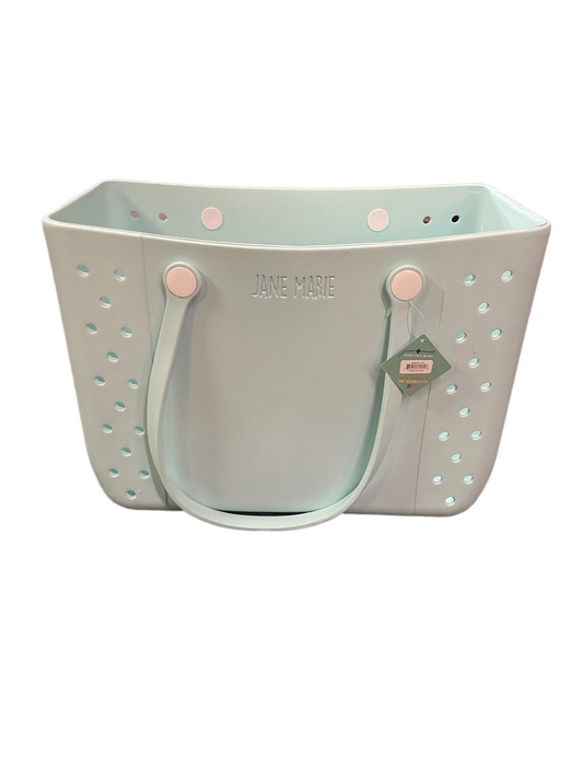 Light blue rubber Jane Marie Multi Purpose Tote with cutout holes, two handles, embossed logo; available in S, M, L.