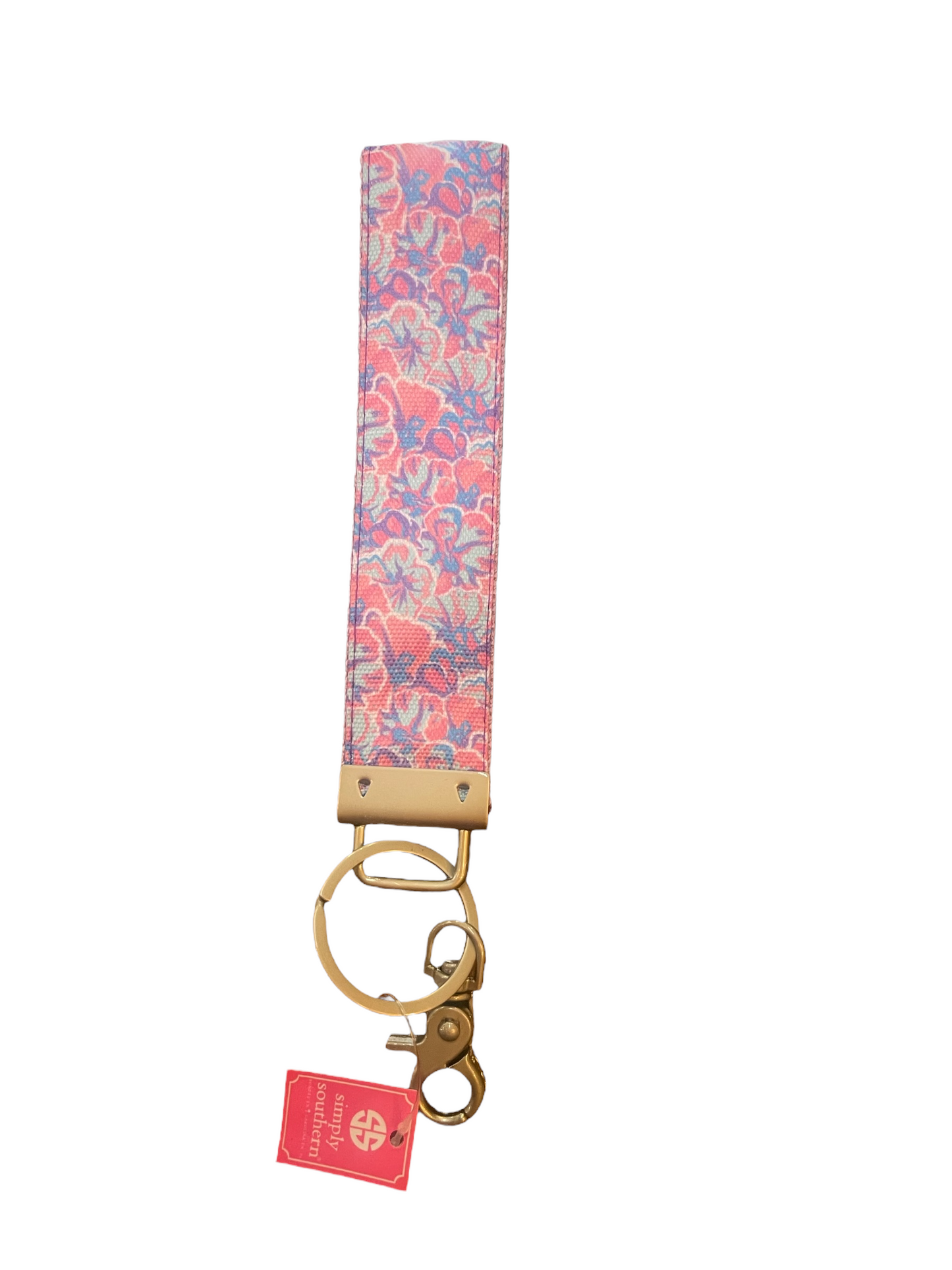 Simply Southern Key Fobs 0122: pink and blue floral fabric wristlet, gold hardware, red tag. Available in one size.