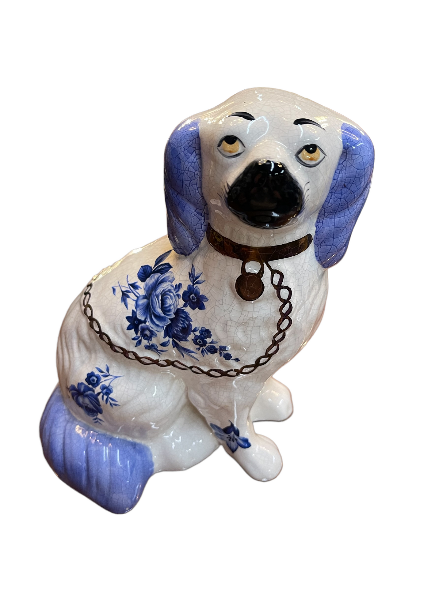 Blue and White Staffordshire Dog figurine, 8 3/4" tall, blue floral pattern, blue ears/tail, brown collar.